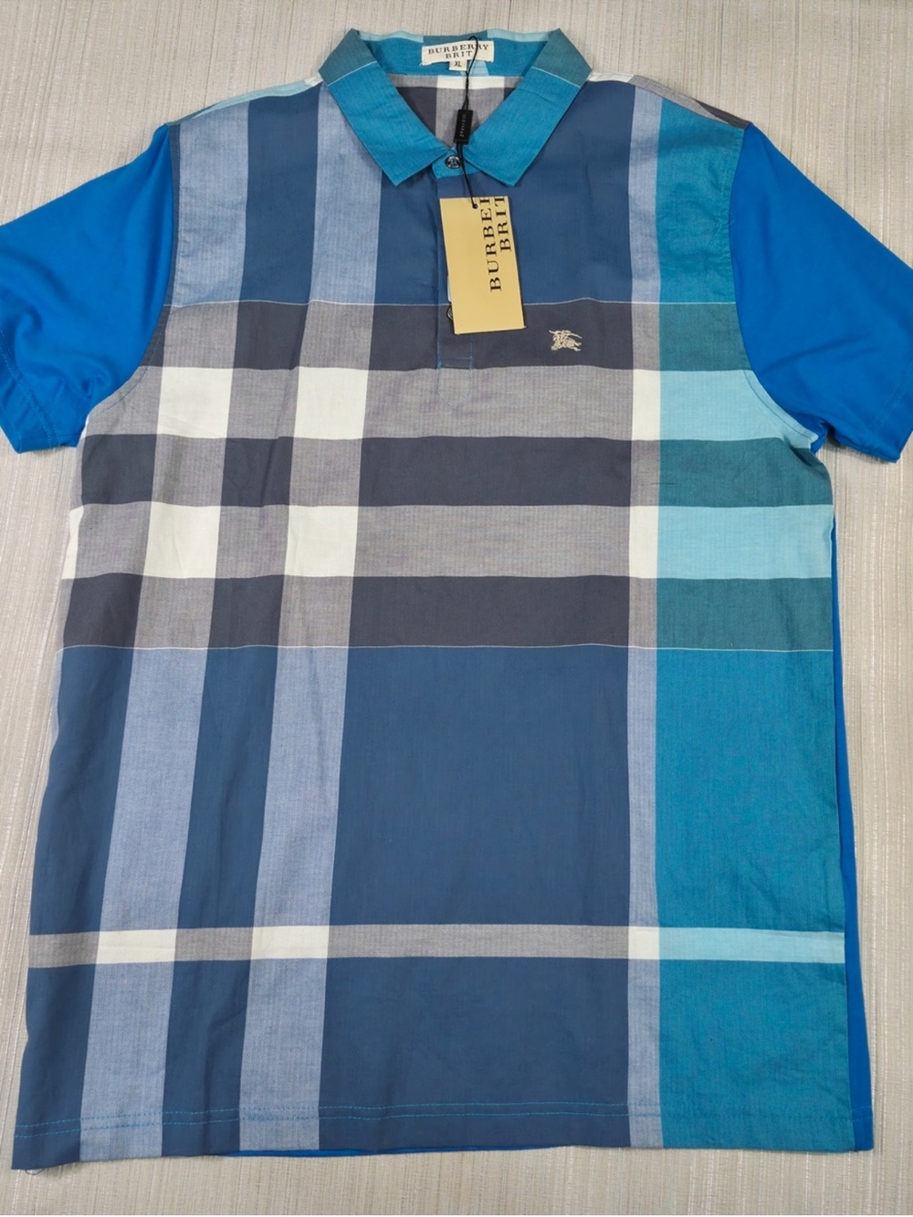 Burberry Men’s Blue Plaid Polo with Teal Accents